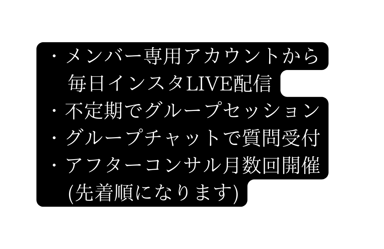 メンバー専用アカウントから 毎日インスタLIVE配信 不定期でグループセッション グループチャットで質問受付 アフターコンサル月数回開催 先着順になります